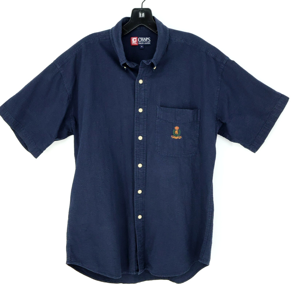 Chaps Ralph Lauren Shirt Mens Medium Navy Blue Seersucker Cotton Crest Preppy